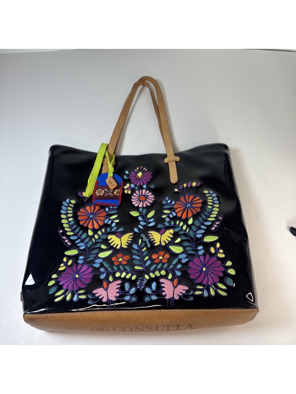 consuela slim tote embroidered flowers black butterfly  Leather Handbag 👜